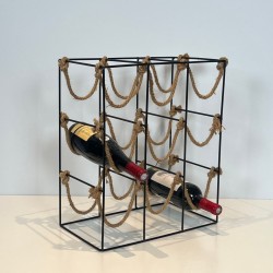 Black Metal Wire and Rope Wine Rack for Nine Bottles, France, circa 1970