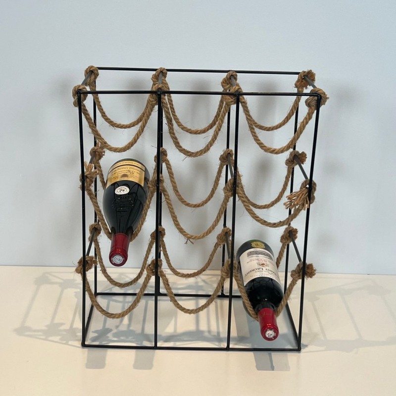 Black Metal Wire and Rope Wine Rack for Nine Bottles, France, circa 1970