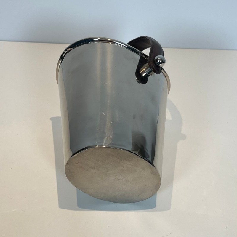 Silver-Plated Champagne Bucket with Leather Strap Handle, France, circa 1970