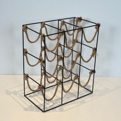 Black Metal Wire and Rope Wine Rack for Nine Bottles, France, circa 1970