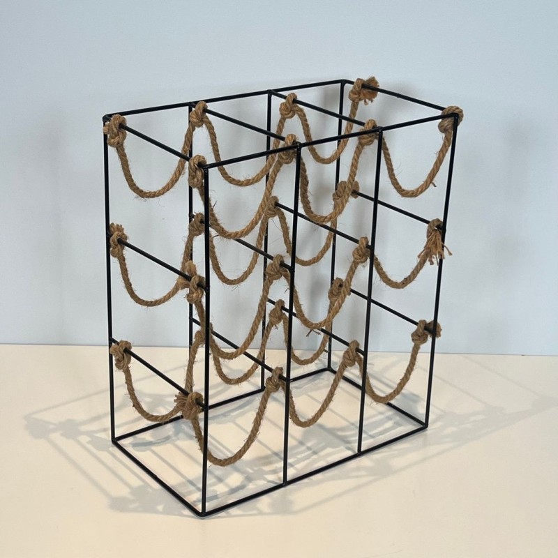 Black Metal Wire and Rope Wine Rack for Nine Bottles, France, circa 1970