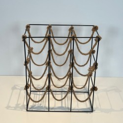 Black Metal Wire and Rope Wine Rack for Nine Bottles, France, circa 1970