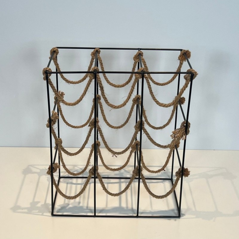 Black Metal Wire and Rope Wine Rack for Nine Bottles, France, circa 1970