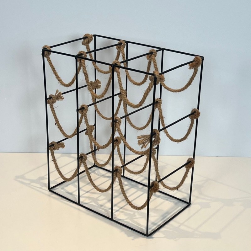 Black Metal Wire and Rope Wine Rack for Nine Bottles, France, circa 1970