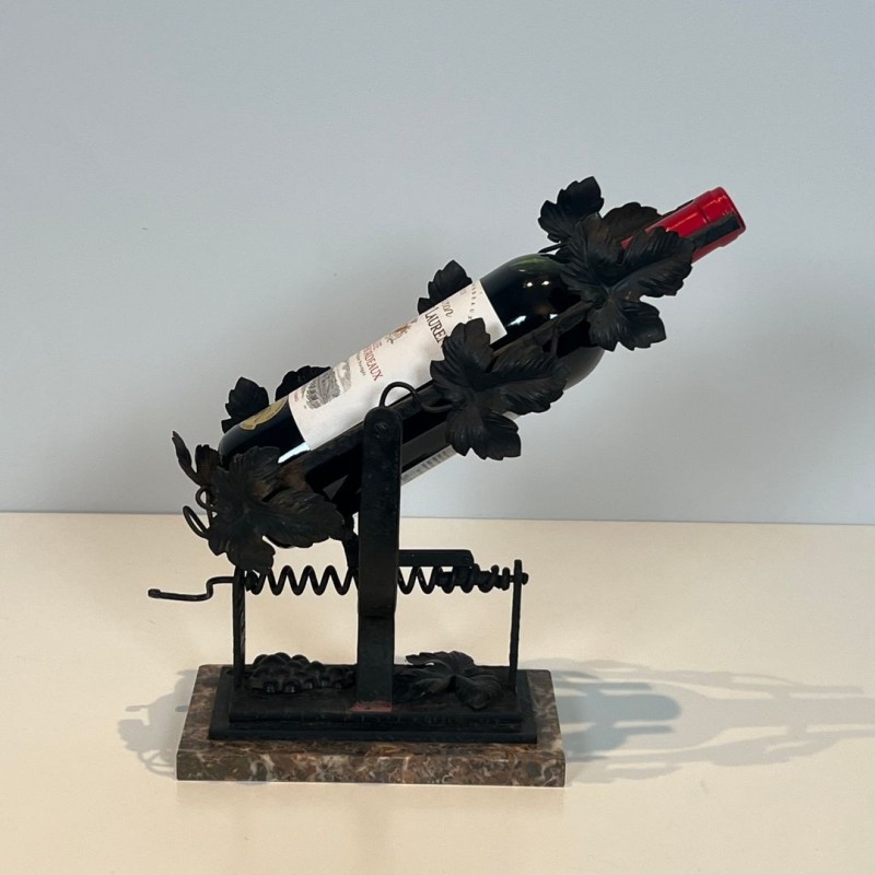 Wrought Iron Wine Decanting Cradle with Vine Leaf Décor on Marble Base, France, circa 1920