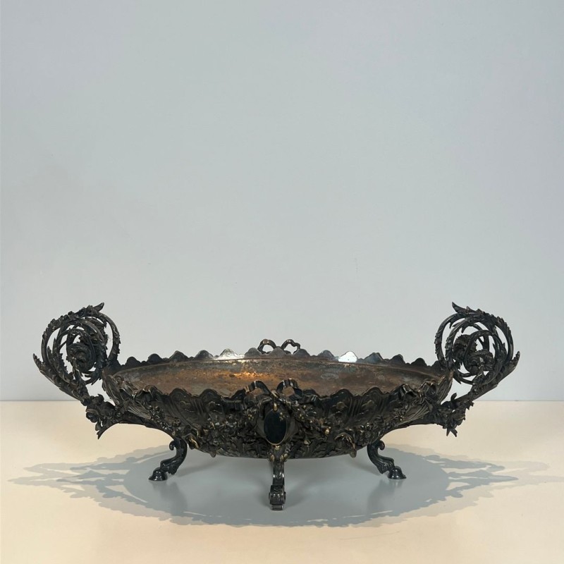 Signed Silver-Plated Chased Metal Table Centrepiece with Rococo Scroll Décor, France, circa 1900