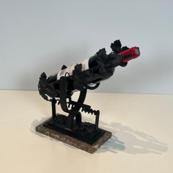 Wrought Iron Wine Decanting Cradle with Vine Leaf Décor on Marble Base, France, circa 1920