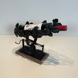 Wrought Iron Wine Decanting Cradle with Vine Leaf Décor on Marble Base, France, circa 1920