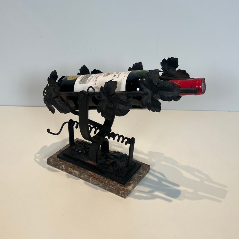 Wrought Iron Wine Decanting Cradle with Vine Leaf Décor on Marble Base, France, circa 1920