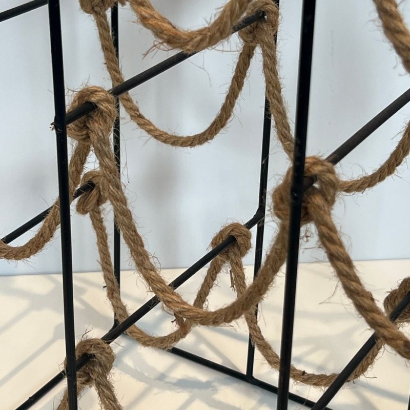 Black Metal Wire and Rope Wine Rack for Nine Bottles, France, circa 1970
