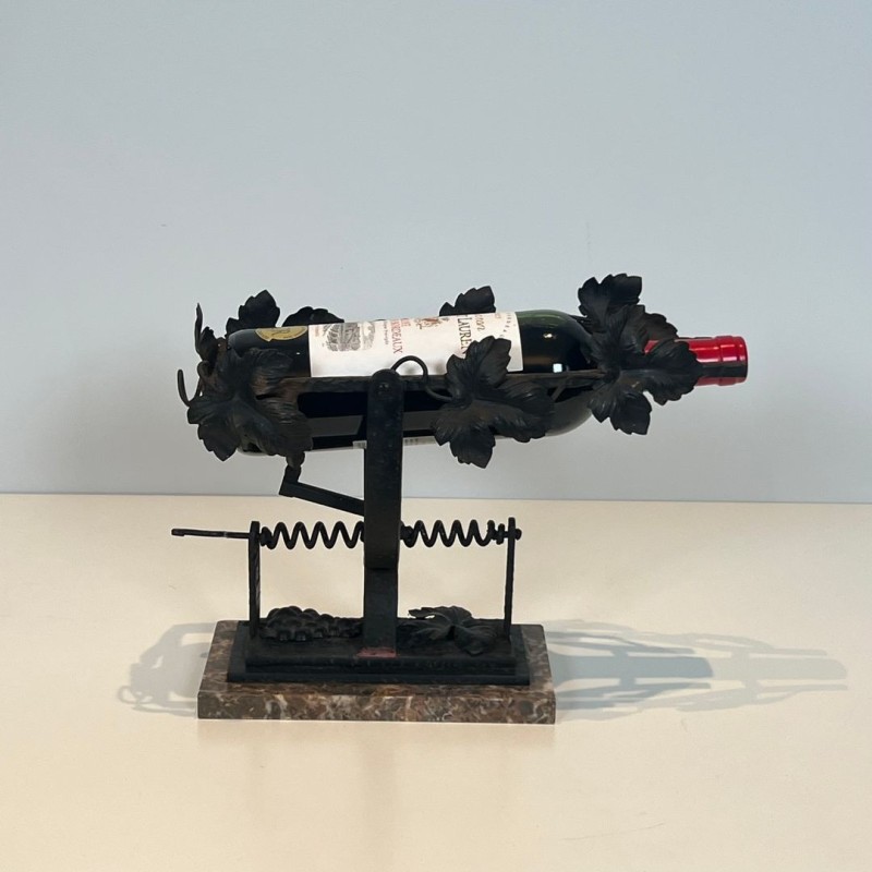 Wrought Iron Wine Decanting Cradle with Vine Leaf Décor on Marble Base, France, circa 1920