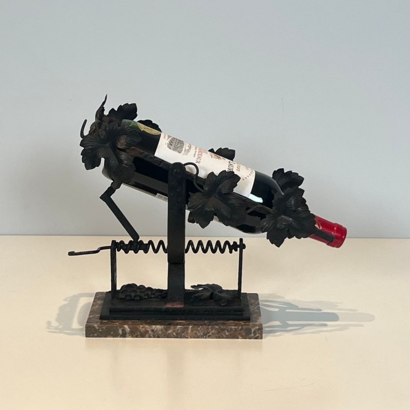 Wrought Iron Wine Decanting Cradle with Vine Leaf Décor on Marble Base, France, circa 1920