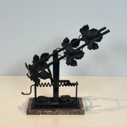 Wrought Iron Wine Decanting Cradle with Vine Leaf Décor on Marble Base, France, circa 1920