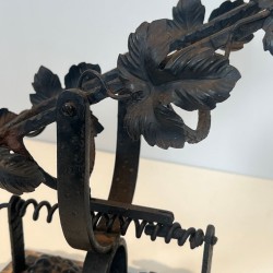 Wrought Iron Wine Decanting Cradle with Vine Leaf Décor on Marble Base, France, circa 1920
