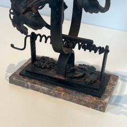 Wrought Iron Wine Decanting Cradle with Vine Leaf Décor on Marble Base, France, circa 1920