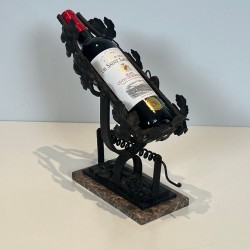 Wrought Iron Wine Decanting Cradle with Vine Leaf Décor on Marble Base, France, circa 1920
