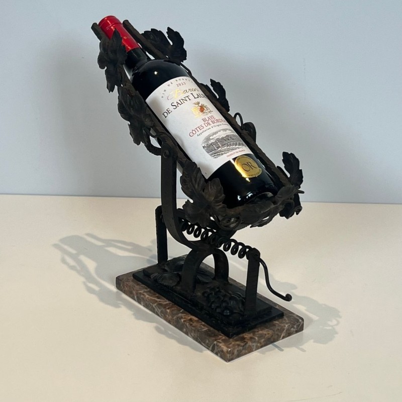 Wrought Iron Wine Decanting Cradle with Vine Leaf Décor on Marble Base, France, circa 1920