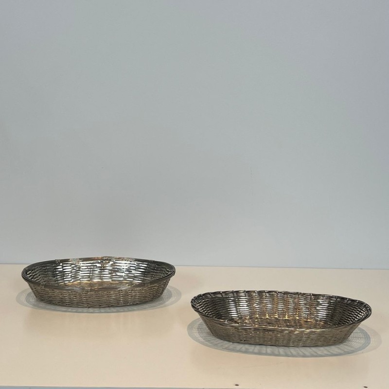 Set of Two Silver-Plated Woven Wire Oval Baskets and Vide-Poches, France, circa 1900