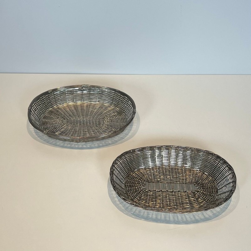 Set of Two Silver-Plated Woven Wire Oval Baskets and Vide-Poches, France, circa 1900
