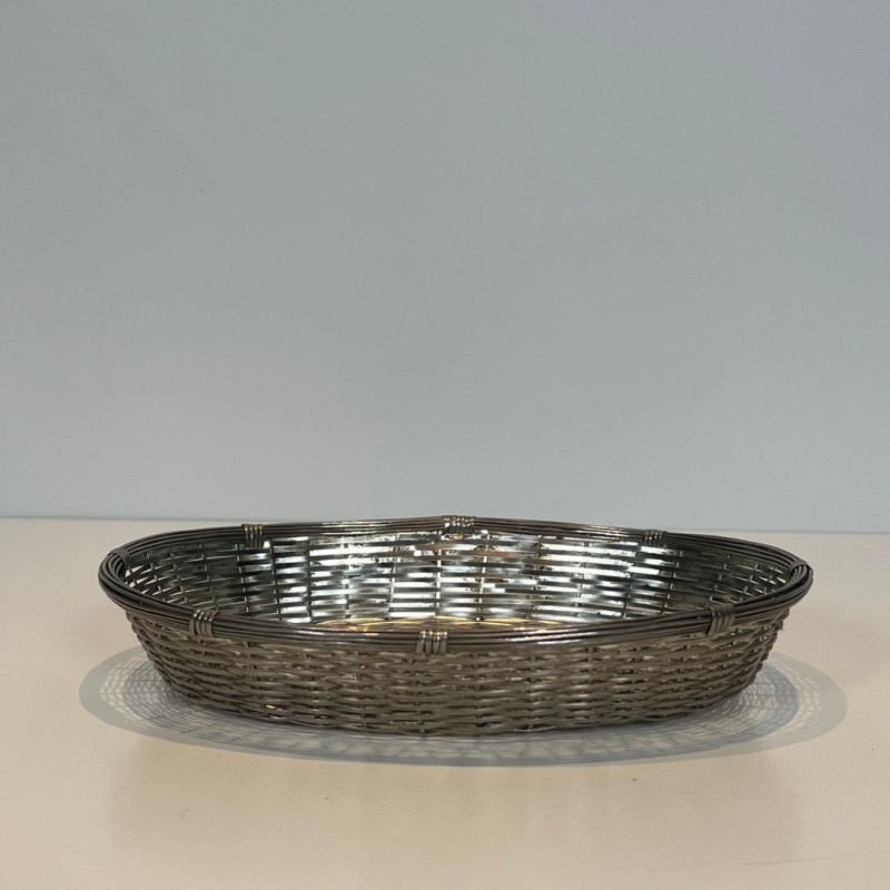 Corbeille et Vide-Poches Ovale en Fil de Métal Argenté Tressé, France, vers 1900