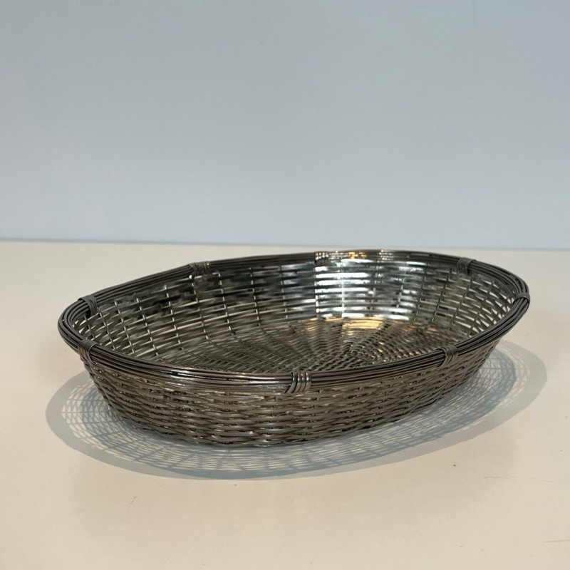 Corbeille et Vide-Poches Ovale en Fil de Métal Argenté Tressé, France, vers 1900