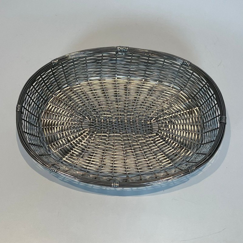 Corbeille et Vide-Poches Ovale en Fil de Métal Argenté Tressé, France, vers 1900