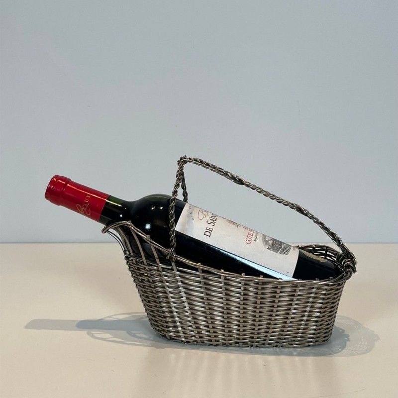 Silver-Plated Woven Wire Wine Decanting Basket with Handle, France, circa 1900