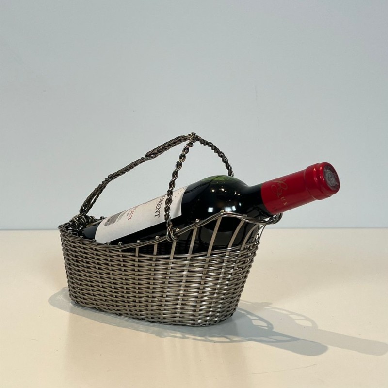 Silver-Plated Woven Wire Wine Decanting Basket with Handle, France, circa 1900