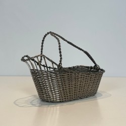 Silver-Plated Woven Wire Wine Decanting Basket with Handle, France, circa 1900