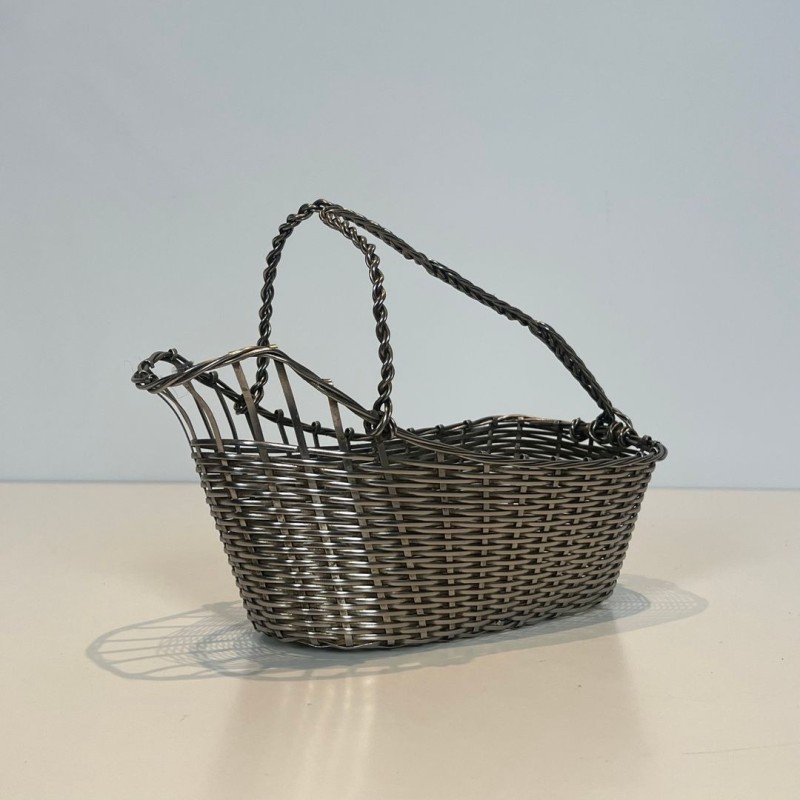 Silver-Plated Woven Wire Wine Decanting Basket with Handle, France, circa 1900