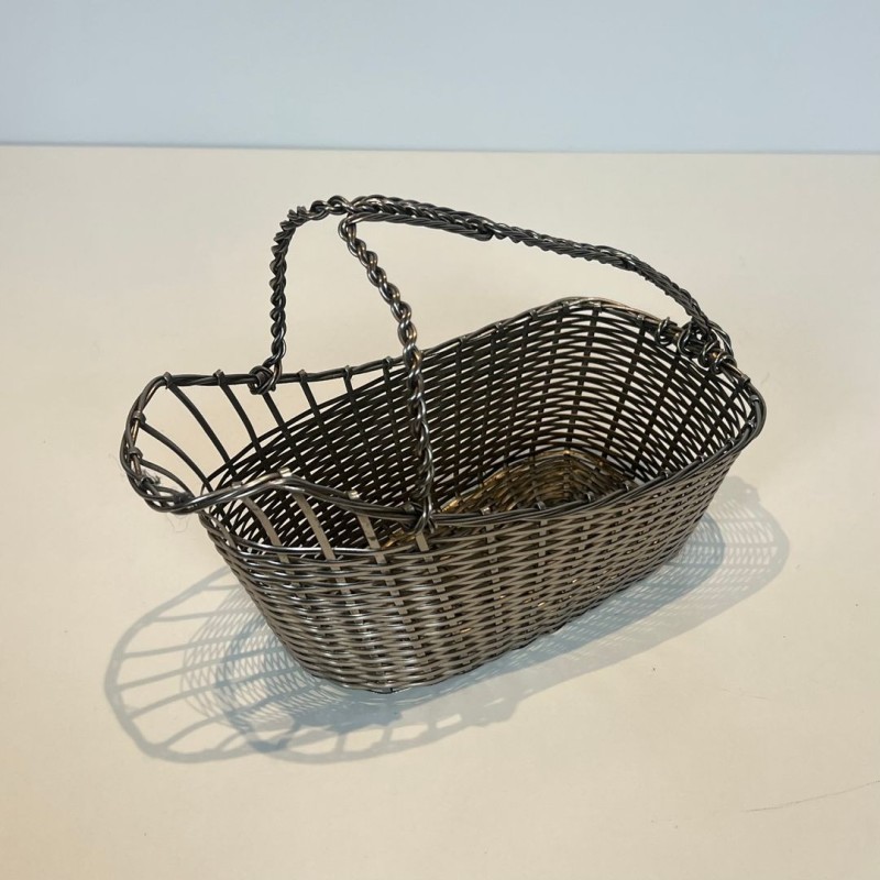 Silver-Plated Woven Wire Wine Decanting Basket with Handle, France, circa 1900
