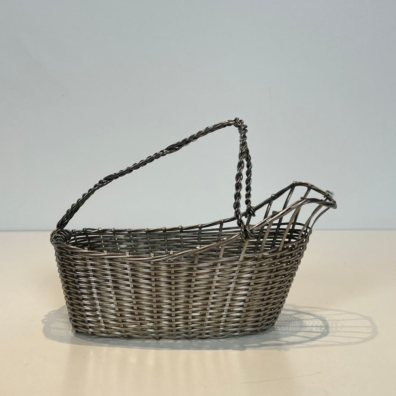 Silver-Plated Woven Wire Wine Decanting Basket with Handle, France, circa 1900