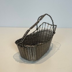 Silver-Plated Woven Wire Wine Decanting Basket with Handle, France, circa 1900