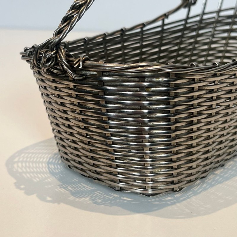 Silver-Plated Woven Wire Wine Decanting Basket with Handle, France, circa 1900