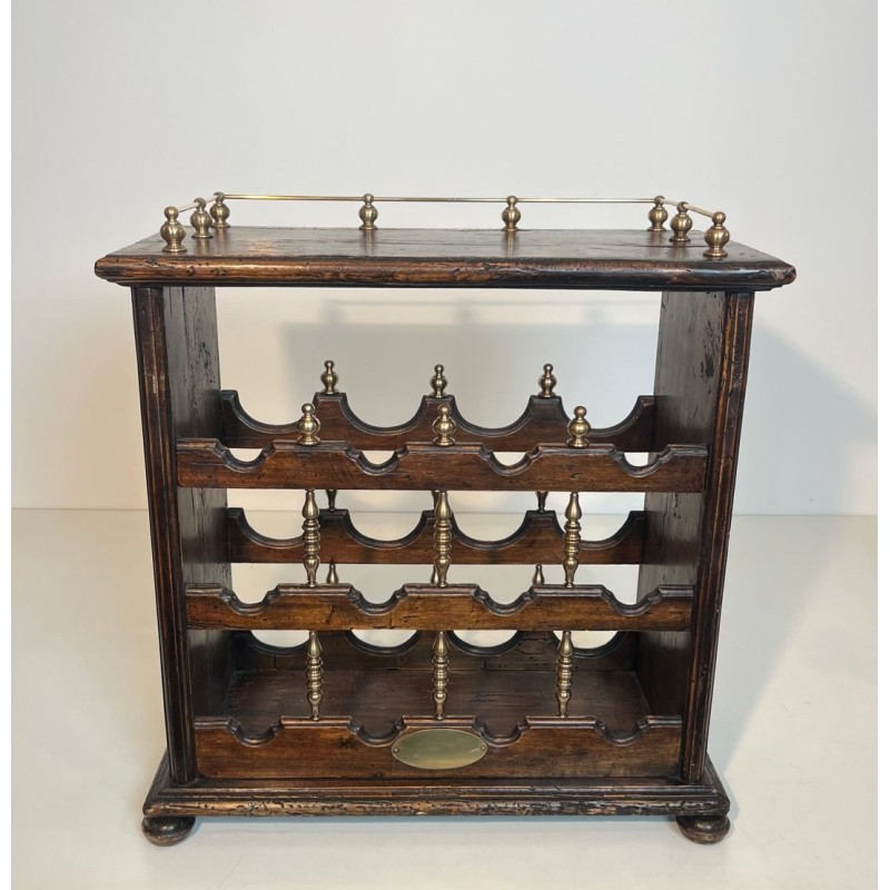 Three-Tier Wood and Brass Wine Rack with Bottle Cradles, France, circa 1920