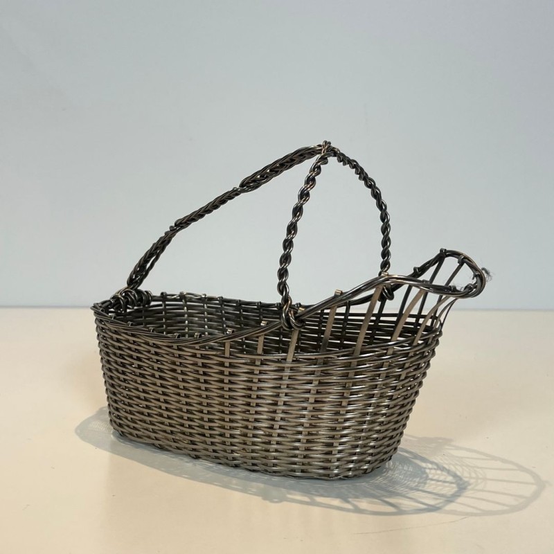 Silver-Plated Woven Wire Wine Decanting Basket with Handle, France, circa 1900