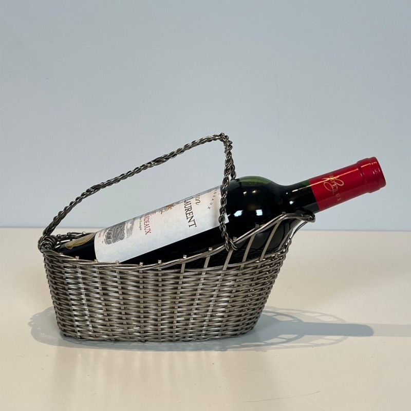 Silver-Plated Woven Wire Wine Decanting Basket with Handle, France, circa 1900