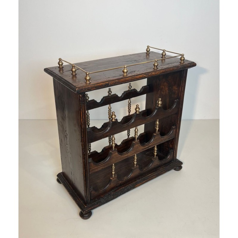 Three-Tier Wood and Brass Wine Rack with Bottle Cradles, France, circa 1920