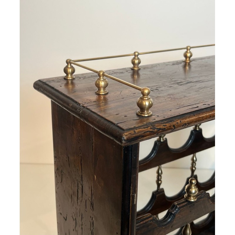 Three-Tier Wood and Brass Wine Rack with Bottle Cradles, France, circa 1920