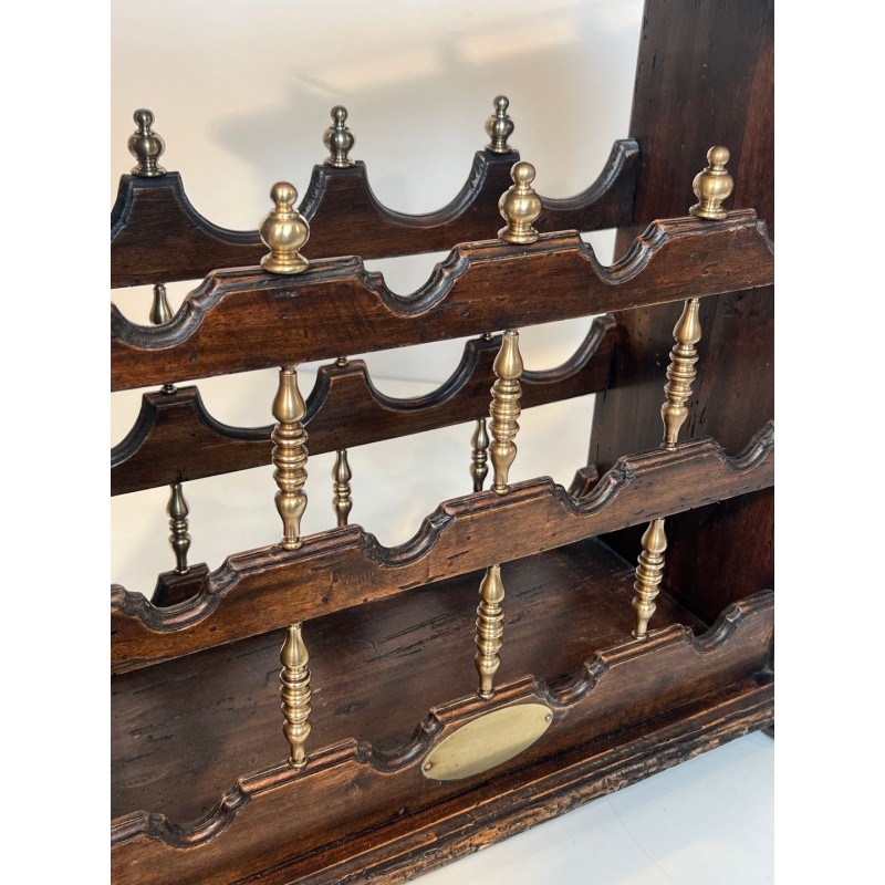 Three-Tier Wood and Brass Wine Rack with Bottle Cradles, France, circa 1920