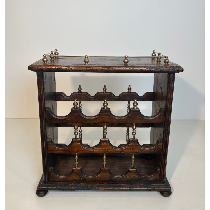 Three-Tier Wood and Brass Wine Rack with Bottle Cradles, France, circa 1920