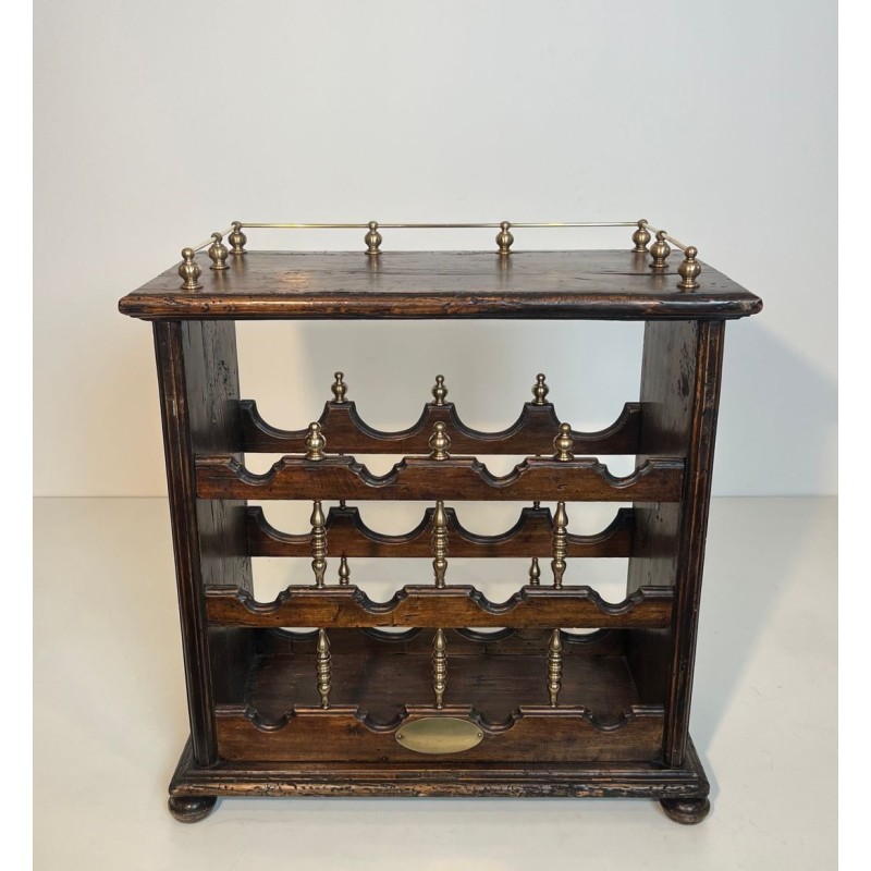 Three-Tier Wood and Brass Wine Rack with Bottle Cradles, France, circa 1920