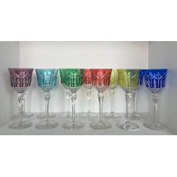 Suite of Twelve Coloured Overlay Crystal Wine Glasses, France, circa 1930