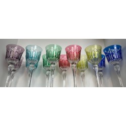 Suite of Twelve Coloured Overlay Crystal Wine Glasses, France, circa 1930