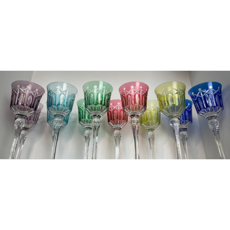 Suite of Twelve Coloured Overlay Crystal Wine Glasses, France, circa 1930