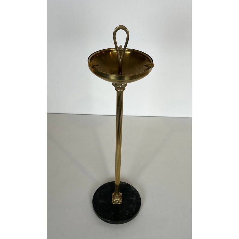 Neoclassical Brass Floor Ashtray on Black Marble Base, Style of Maison Jansen, France, circa 1940