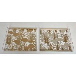 Pair of Lucite and Brass Trays with Exotic Flamingo Décor, France, circa 1970