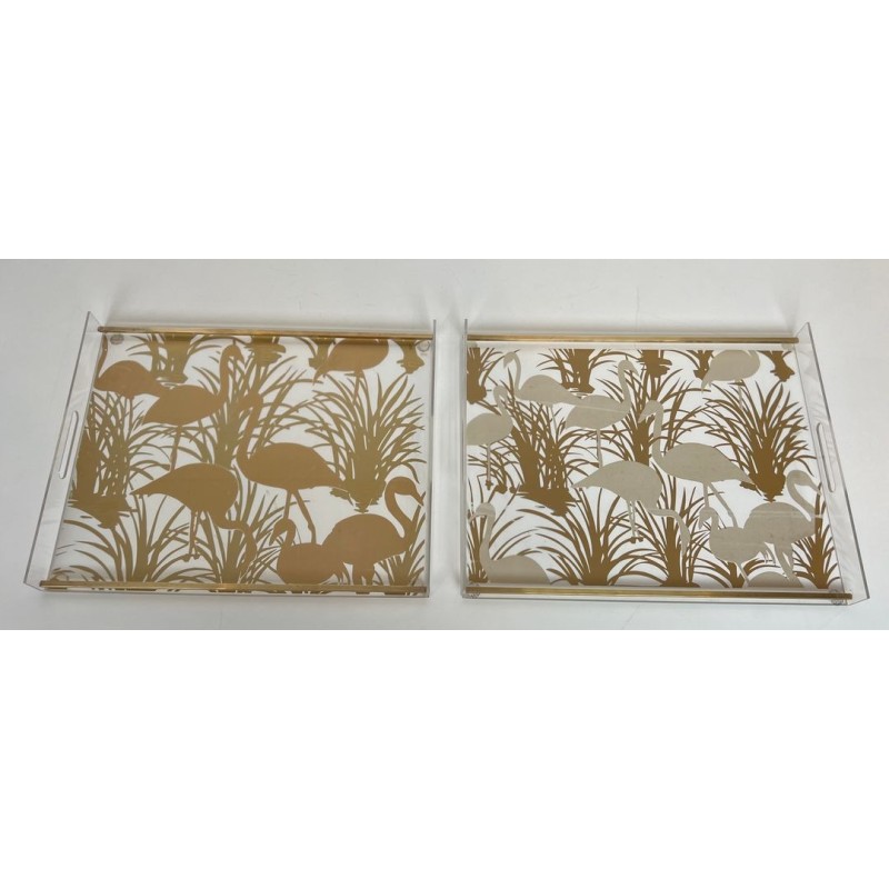 Pair of Lucite and Brass Trays with Exotic Flamingo Décor, France, circa 1970