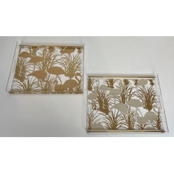 Pair of Lucite and Brass Trays with Exotic Flamingo Décor, France, circa 1970