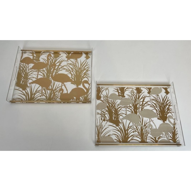 Pair of Lucite and Brass Trays with Exotic Flamingo Décor, France, circa 1970